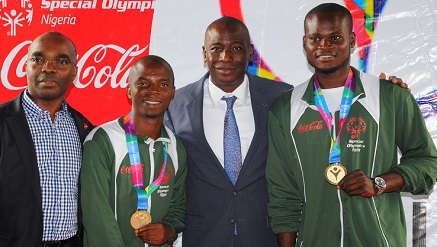 (L-r): Clem Ugorji, director, Public Affairs & Communication, Coca-Cola Nigeria Limited, Emmanuel Ekomabasi, Coca- Cola representative at The Special Olympics World Summer Games in Los Angeles, Adeola Adetunji, managing director, Coca- Cola Nigeria Limited, and Coca- Cola representative George Osadalor, during the Welcome Reception held for the 2015 Special Olympics Nigeria Team which took place at Vigeo Holdings, Ikoyi, Lagos recently.